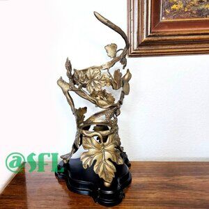 Brass Hummingbird Leafy Wine Holder Vase Cradler Centerpiece Art Nouveau Style